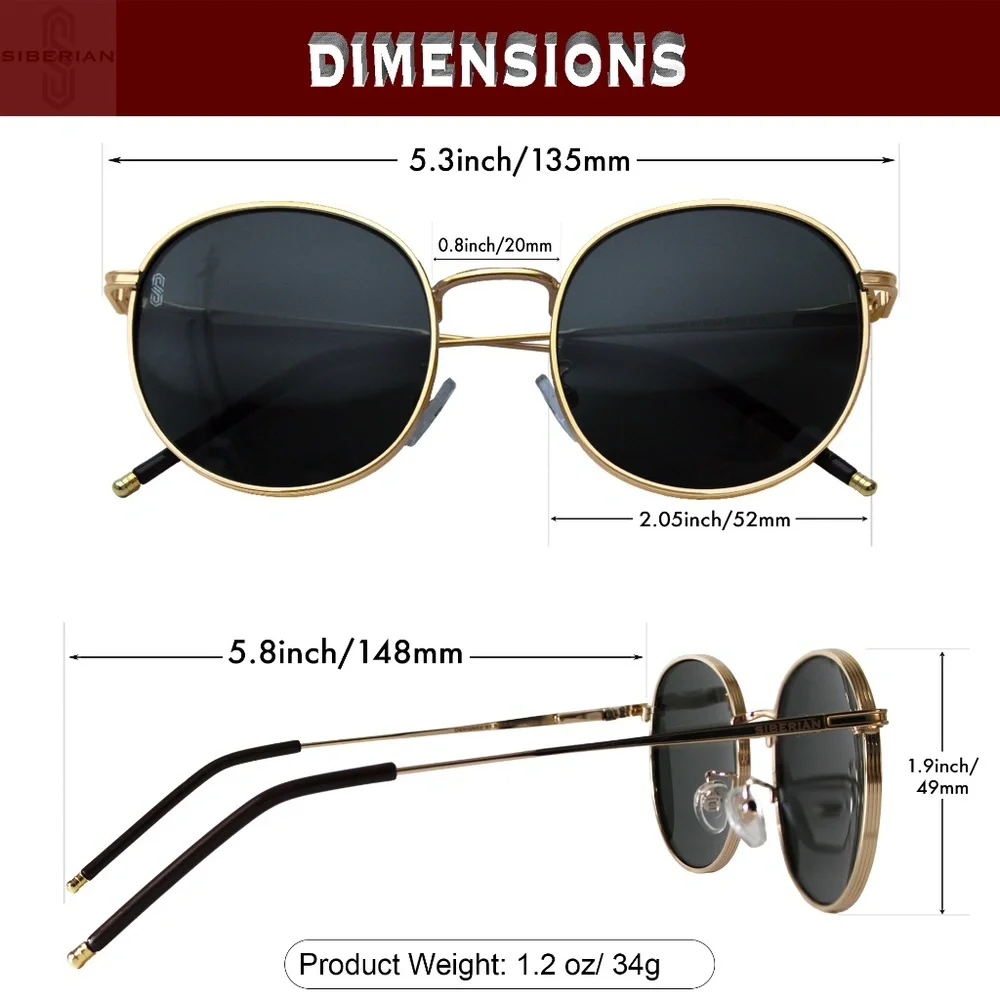 SIBERIAN 100% Real Glass Round Retro Sunglasses Standard 52mm Men/Women Premium